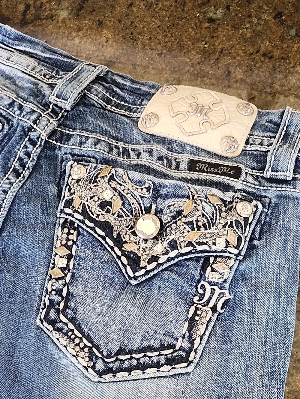 Miss Me Cutoff Denim Shorts Sz 28 with Rhinestone & Metallic Embellished Pockets